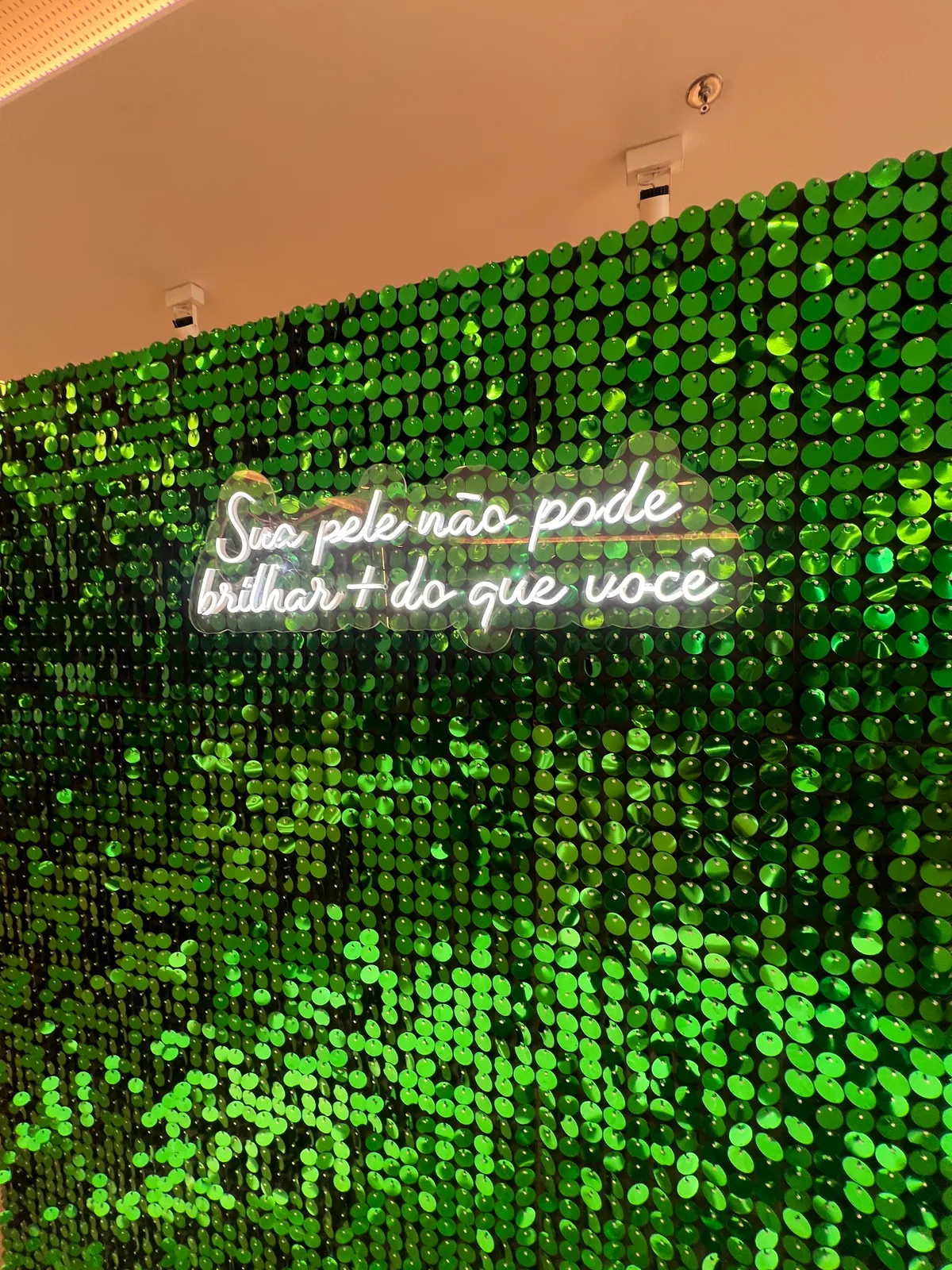 Frase em neon LED sobre painel de lantejoulas verdes
